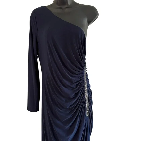 Adrianna Papell One Shoulder Jersey Dress Sz 12 Blue Formal Gown Faux  Crystals
